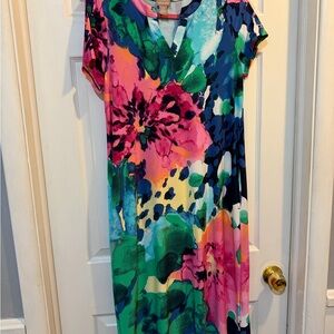 Chico’s Floral Print Sheath  Dress Size 0 Has Pockets V Neck Polyester